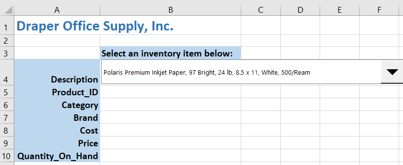 Place a formula in cell B5 of the Find Inventory