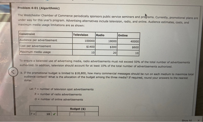 Problem 4-01 (Algorithmic) The Westchester