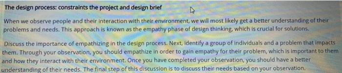 The design process: constraints the project and