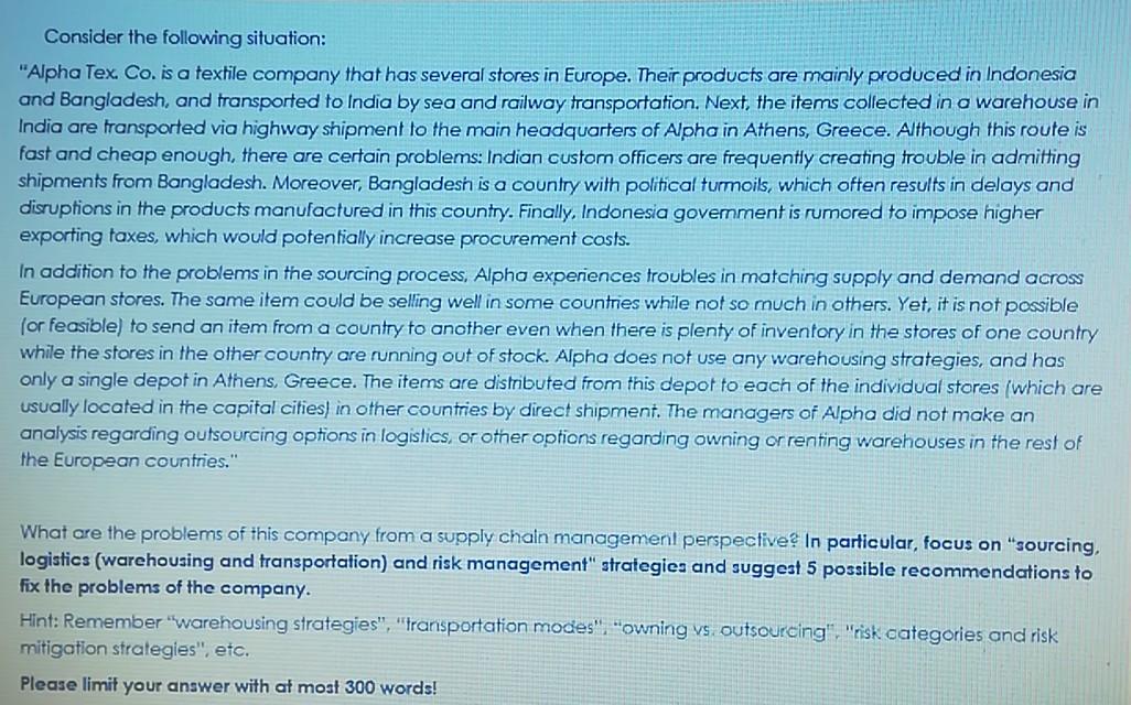 Supply Chain management course Consider the