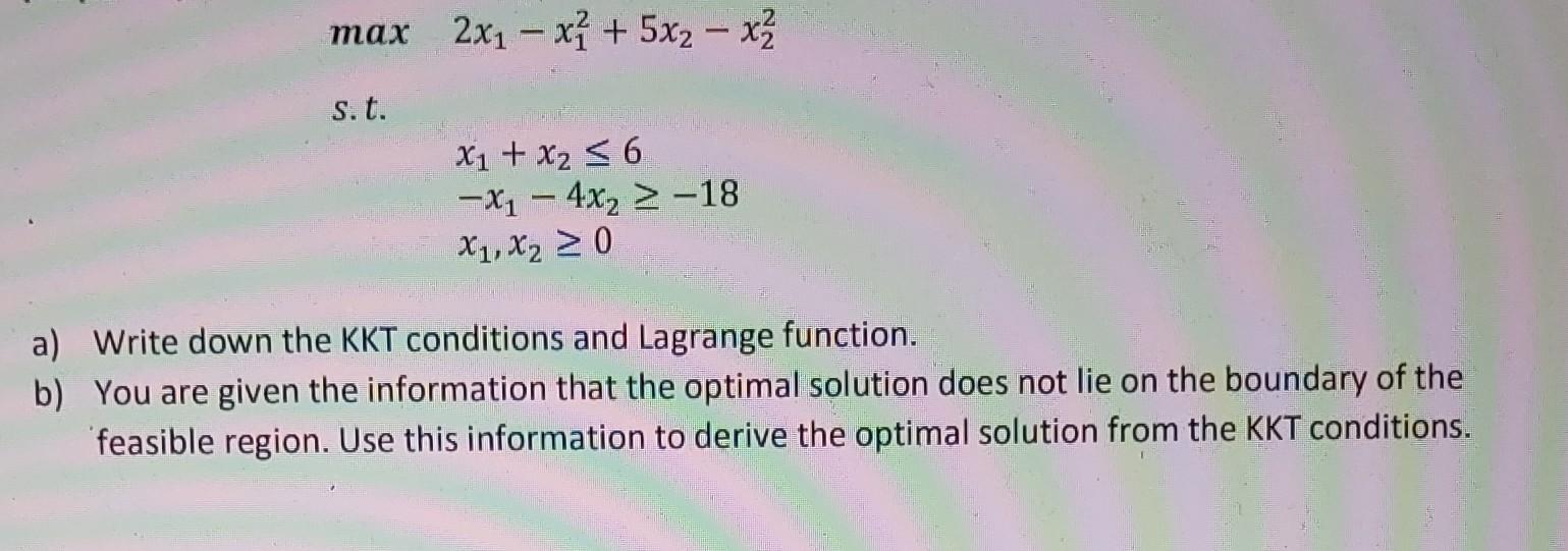 max2x1x12+5x2x22 s.t. x1+x26x14x218x1,x20 a)