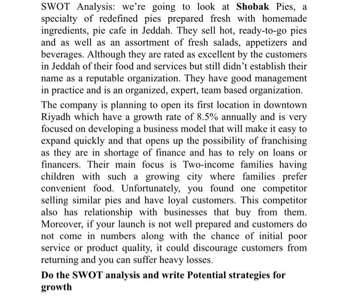 SWOT Analysis: we're going to look at Shobak