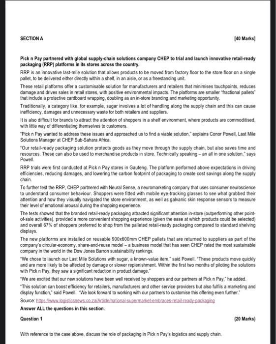 SECTION A [40 Marks) Pick n Pay partnered with