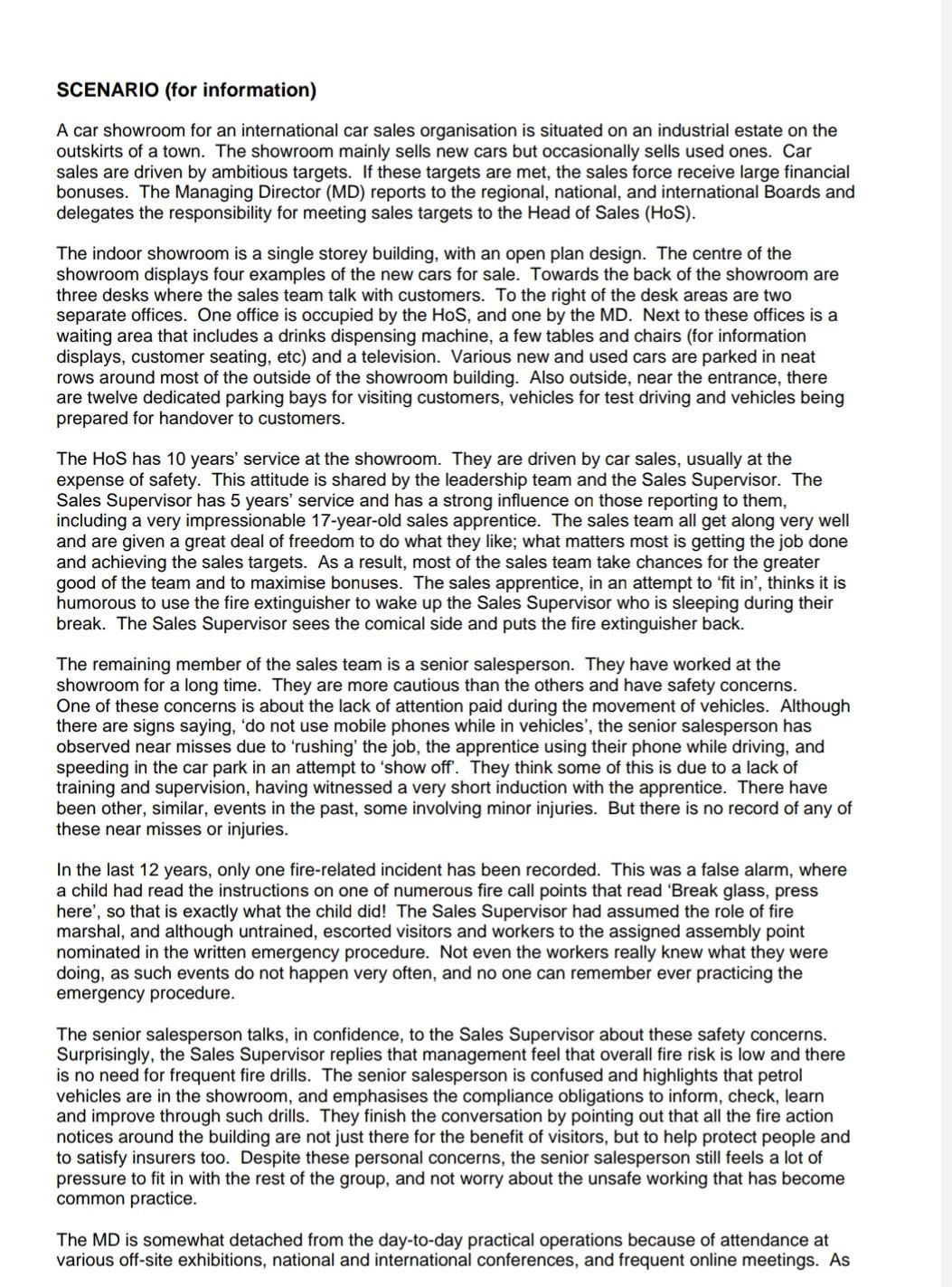 SCENARIO (for information) A car showroom for an