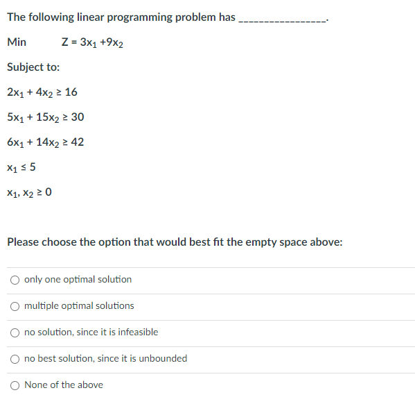 The following linear programming problem has Min