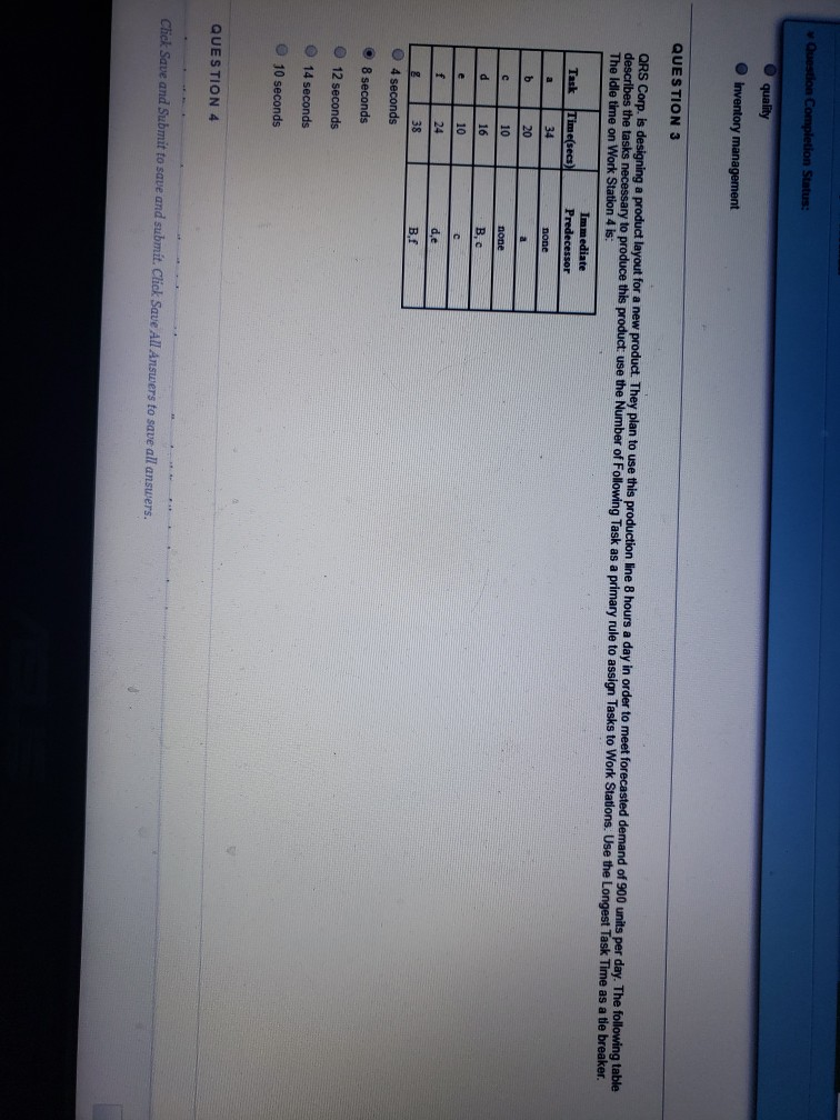 Question Completion Status: quality inventory