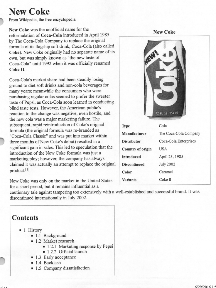 Assignment please Read Article New Coke - Write a