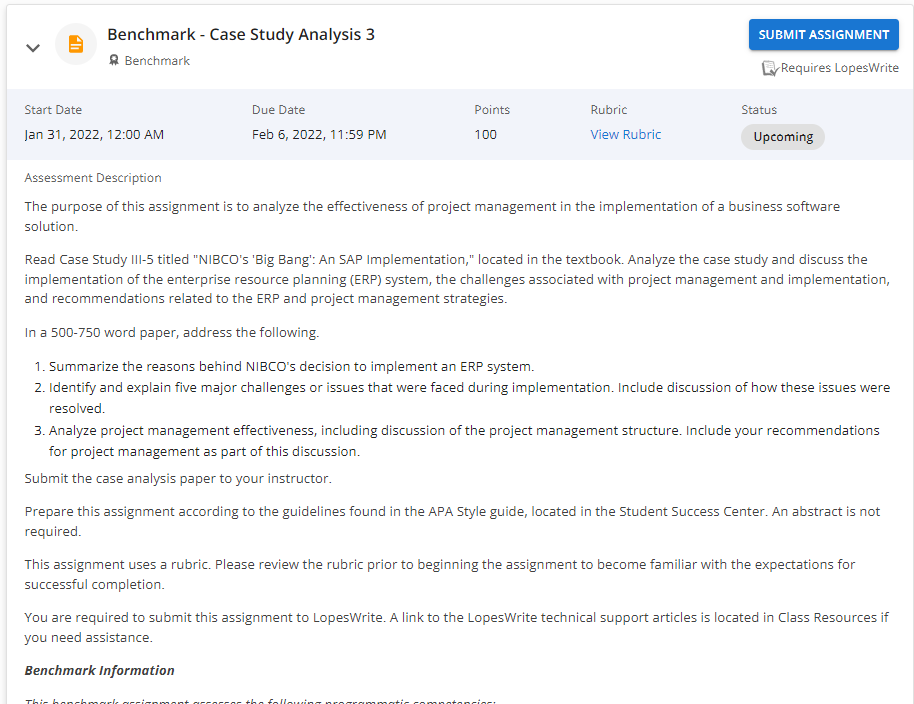 SUBMIT ASSIGNMENT < Benchmark - Case Study