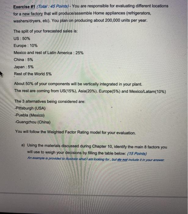 Supply Chain Question Exercise #1 (Total: 45