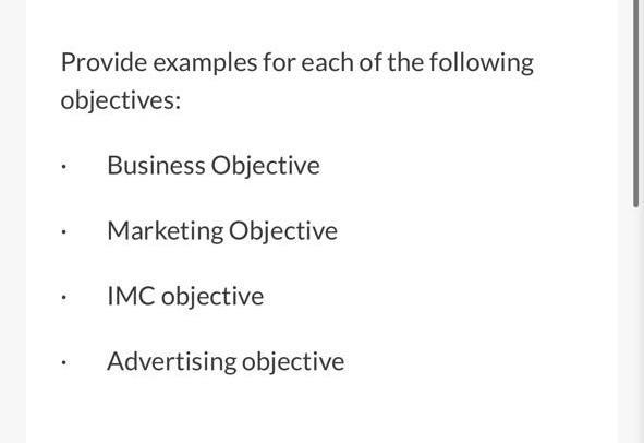 Provide examples for each of the following
