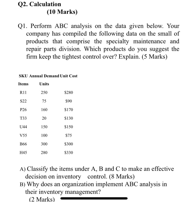 Q2. Calculation (10 Marks) Q1. Perform ABC