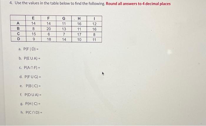 4. Use the values in the table below to find the