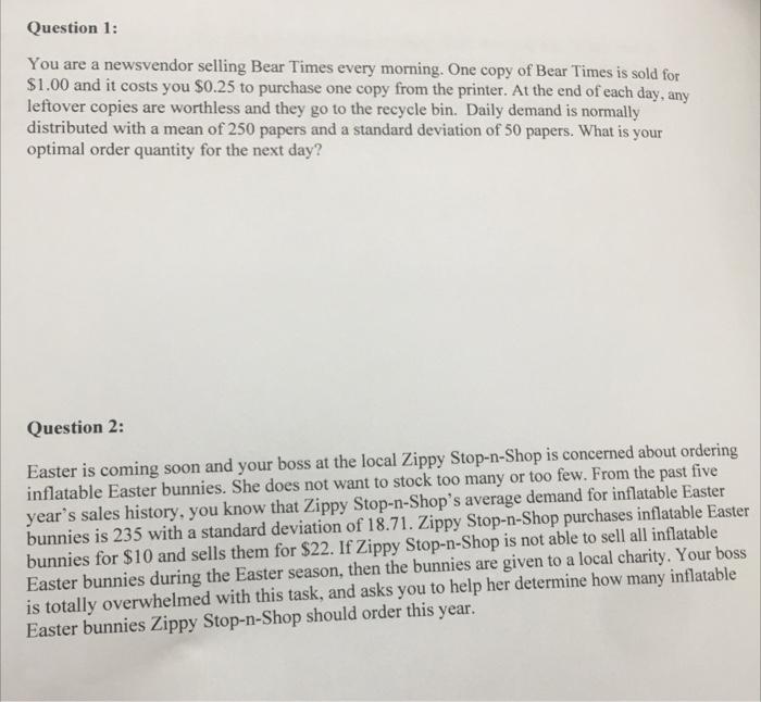questions 1 and 2. optimal order quantity You are