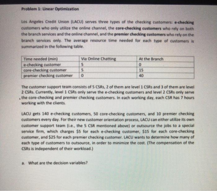Problem 1: Linear Optimization Los Angeles Credit