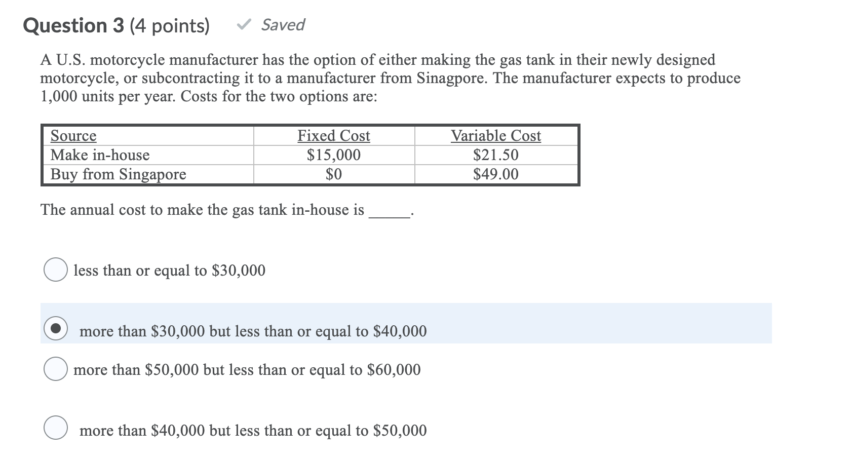 Question 3 (4 points) Saved A U.S. motorcycle