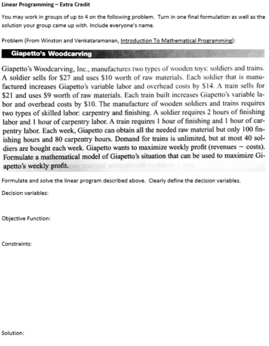 Linear Programming - Extra Credit You may work in