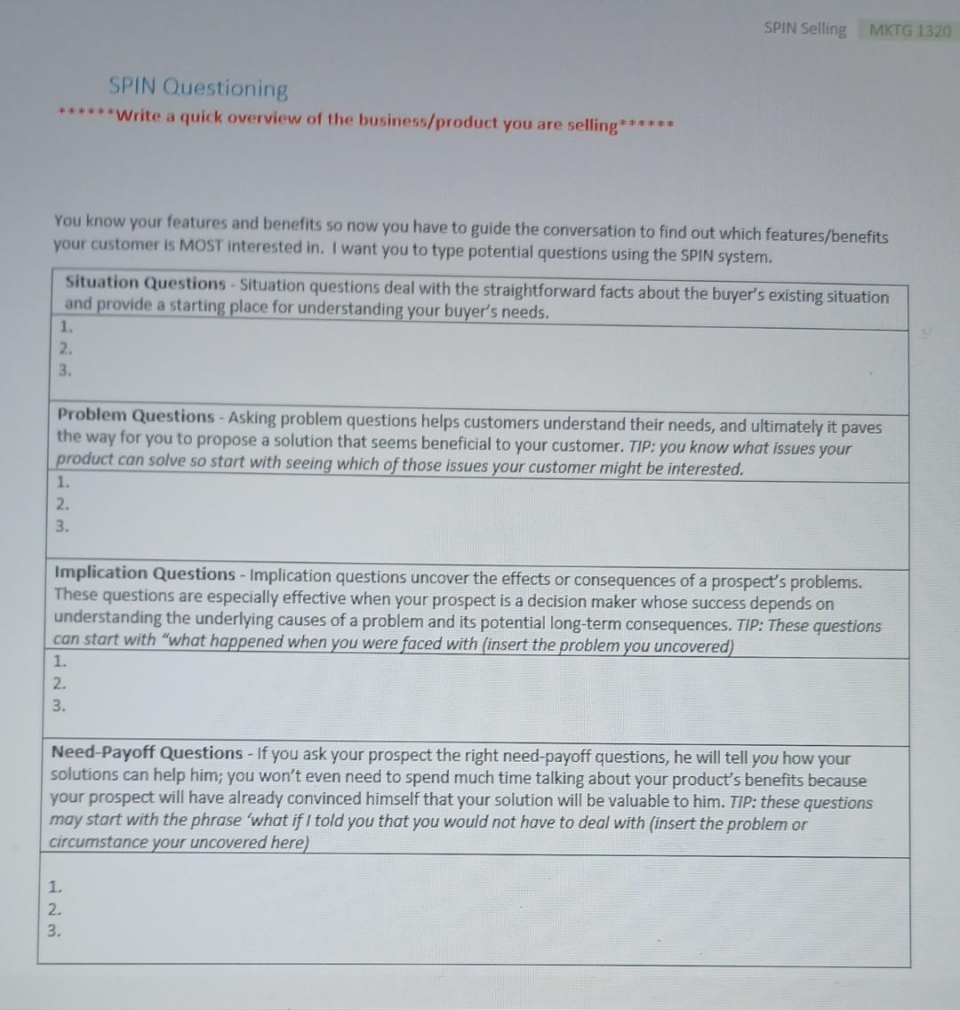 SPIN Selling MKTG 1320 SPIN Questioning