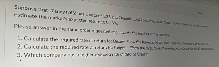 Suppose that Disney (DIS) has a beta of 1.25 and