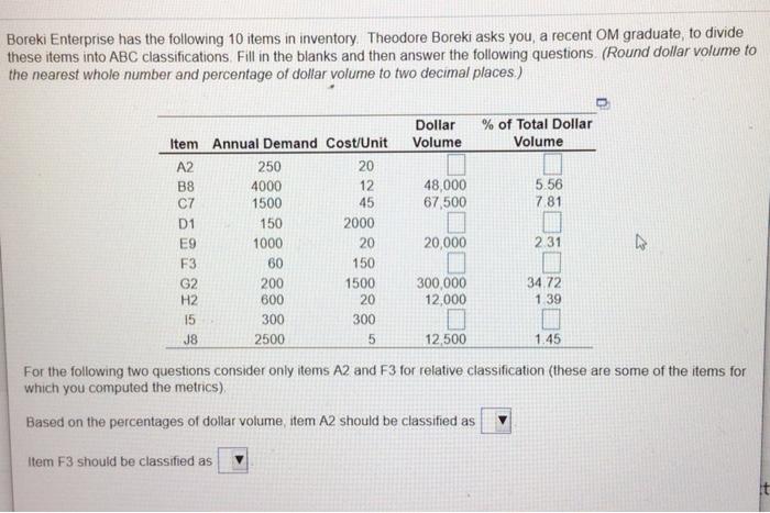 Boreki Enterprise has the following 10 items in