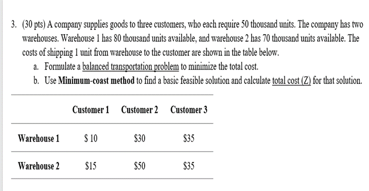 3. (30 pts) A company supplies goods to three