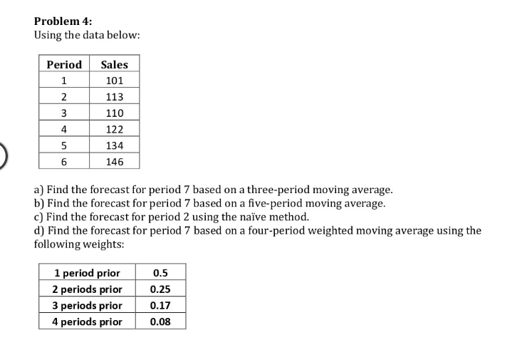 Problem 4: Using the data below: Period 1 2 3