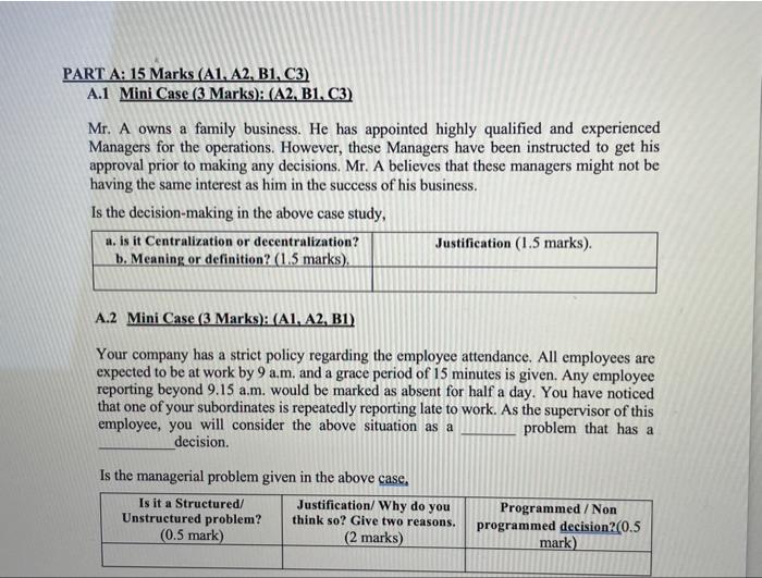 PART A: 15 Marks (A1, A2, B1, C3) A.1 Mini Case