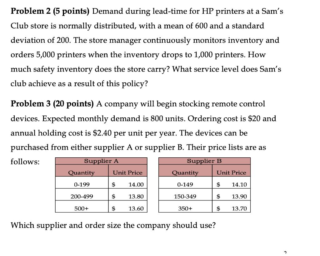Problem 2 (5 points) Demand during lead-time for