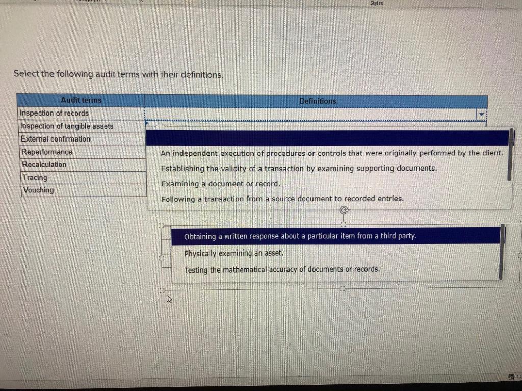 Styles Select the following audit terms with
