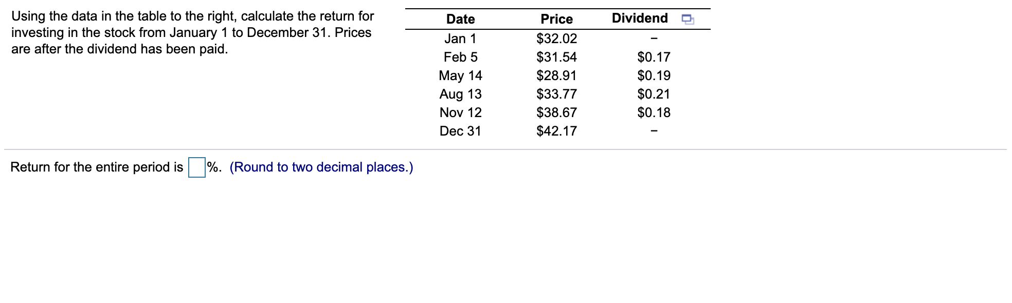 Dividend O Using the data in the table to the
