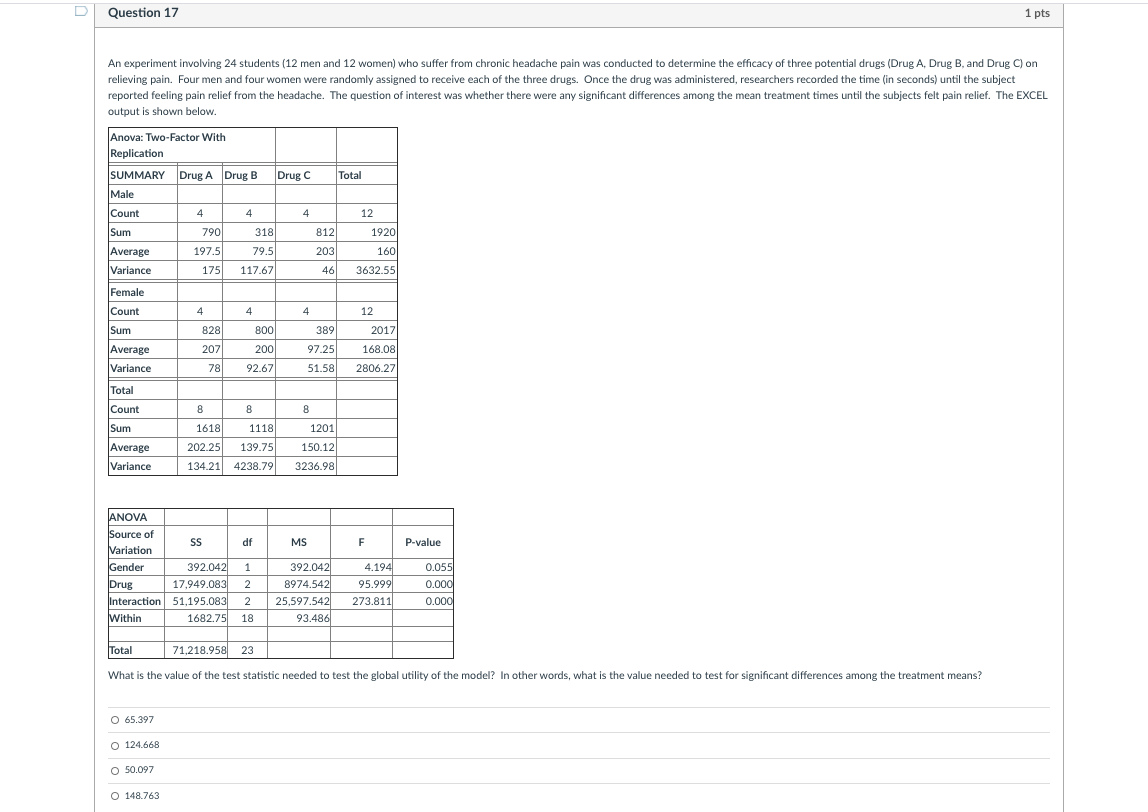Question 17 1 pts An experiment involving 24