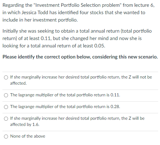 Regarding the "Investment Portfolio Selection