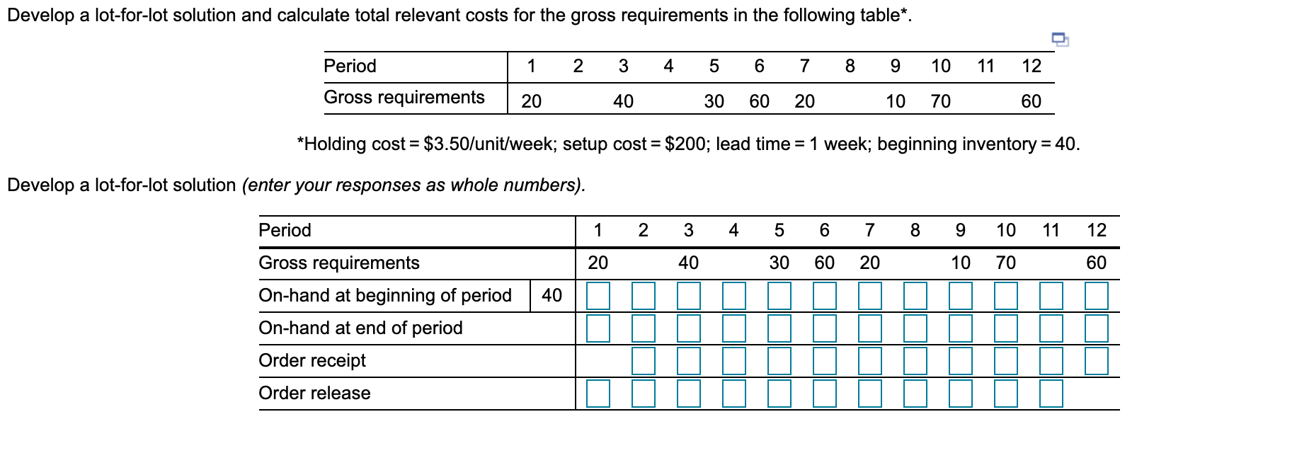 Develop a lot-for-lot solution and calculate