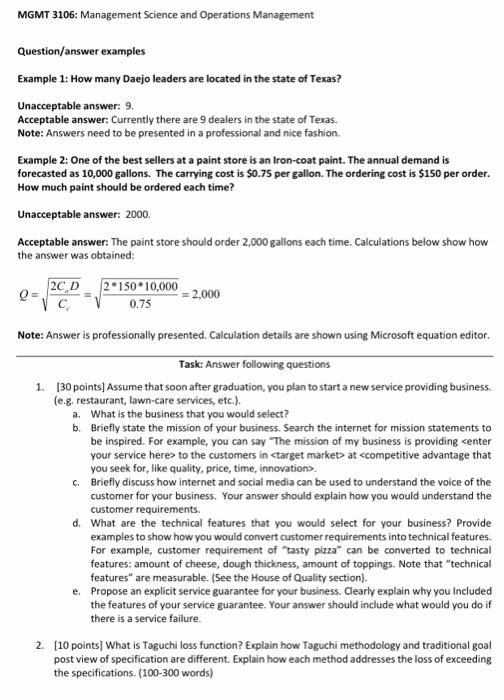MGMT 3106: Management Science and Operations
