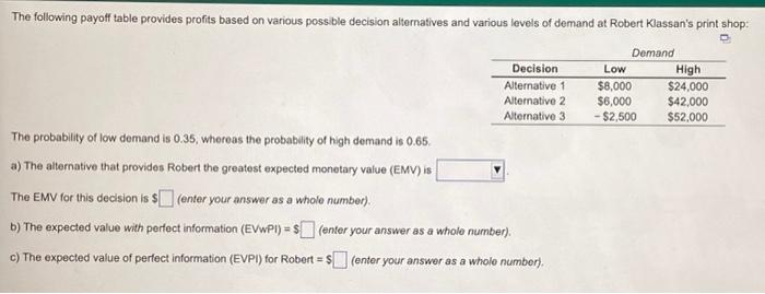 The following payoff table provides profits based