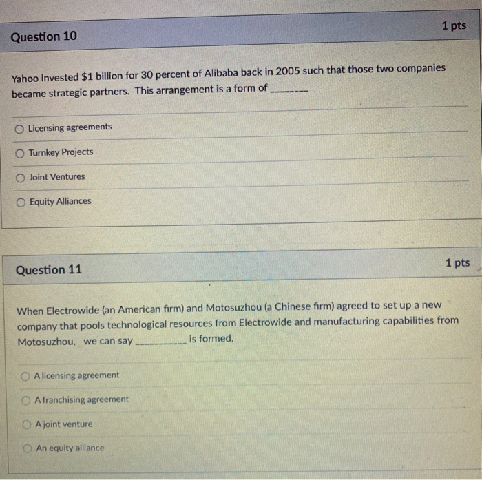 1 pts Question 10 Yahoo invested $1 billion for