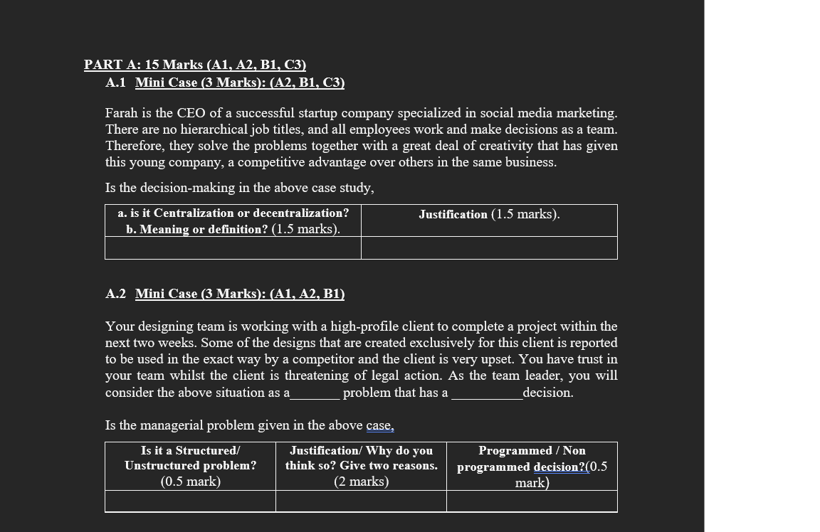 PART A: 15 Marks (A1, A2, B1, C3) A.1 Mini Case