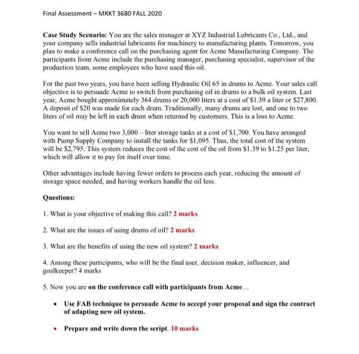 Final Assessment - MRKT 3680 FALL 2020 Case Study