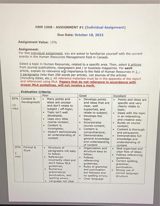hrm 1008 Due Date: October 18, 2022 Assignment