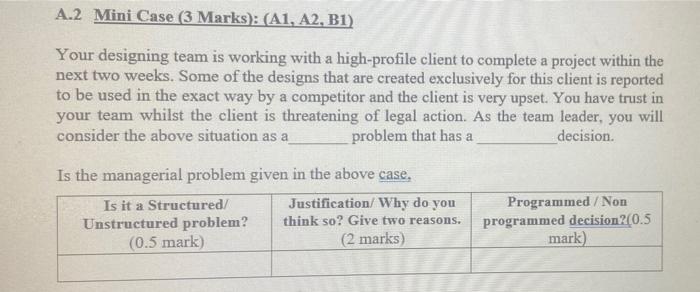 A.2 Mini Case (3 Marks): (A1, A2, B1) Your