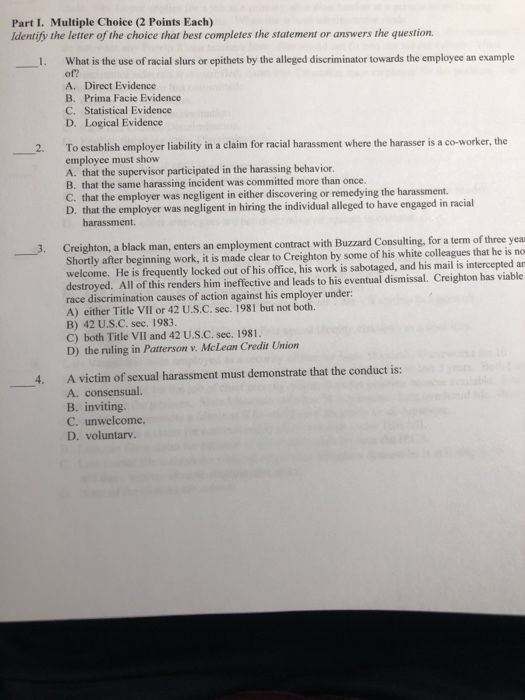 Part I. Multiple Choice (2 Points Each) Identify