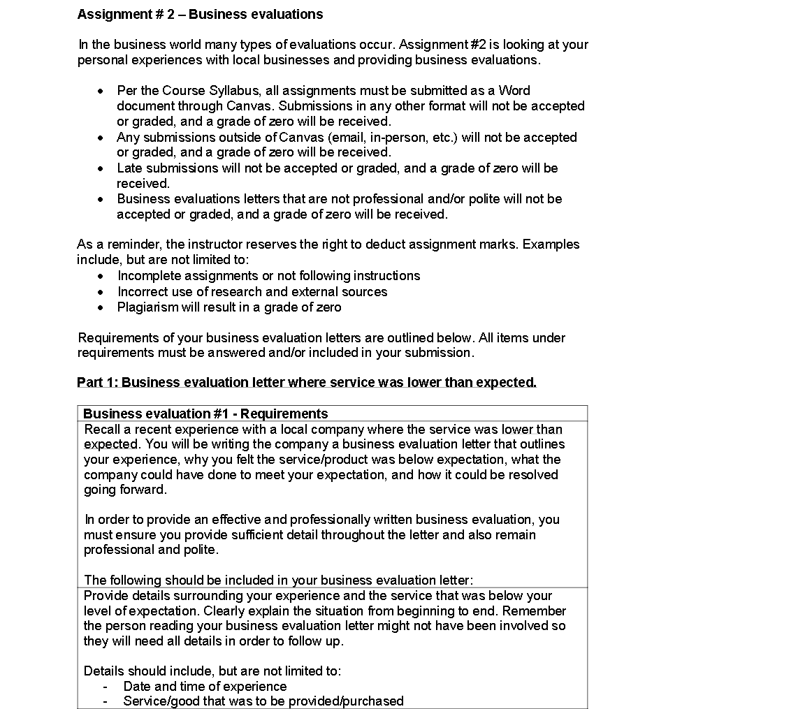 Assignment #2 - Business evaluations In the