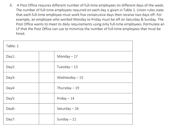 4. A Post Office requires different number of