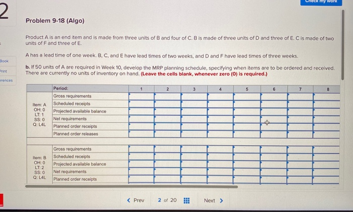 Check my work 2 Problem 9-18 (Algo) Product A is