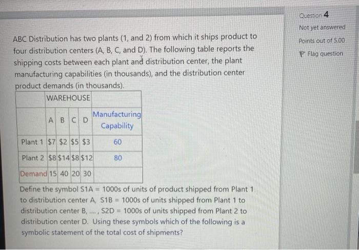 Question 4 Not yet answered Points out of 5.00