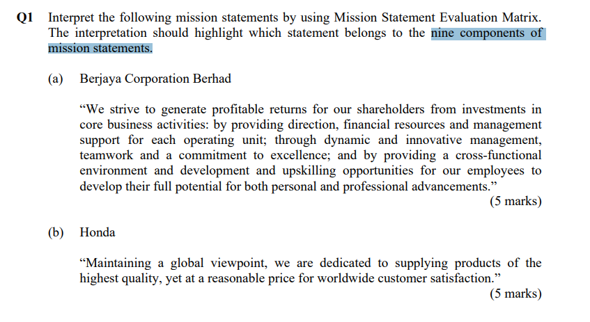 Qi Interpret the following mission statements by