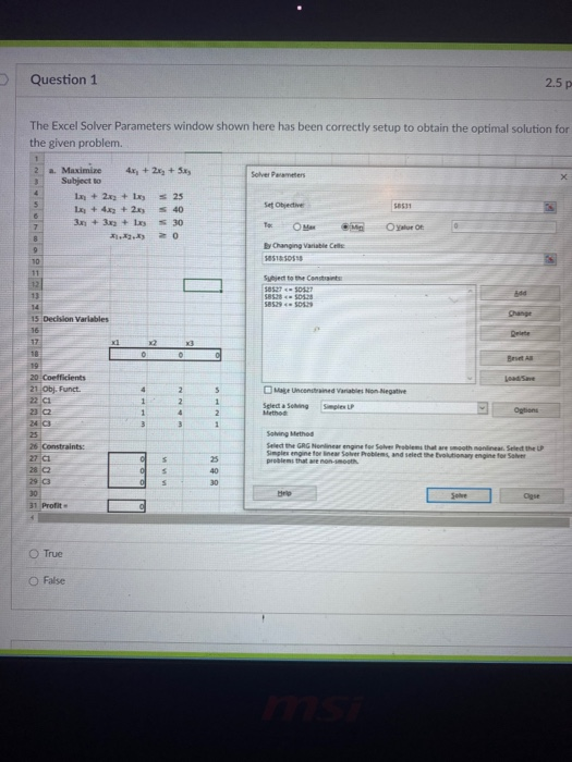 Question 1 2.5 p The Excel Solver Parameters