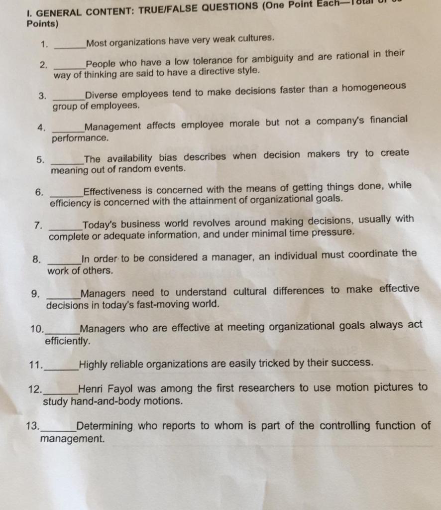 True or False questions. I. GENERAL CONTENT: