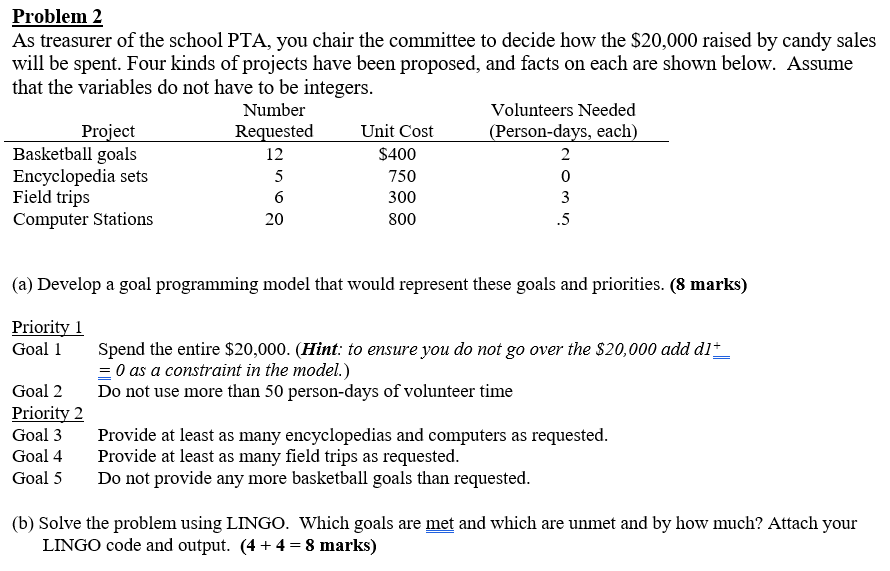 Problem 2 As treasurer of the school PTA, you