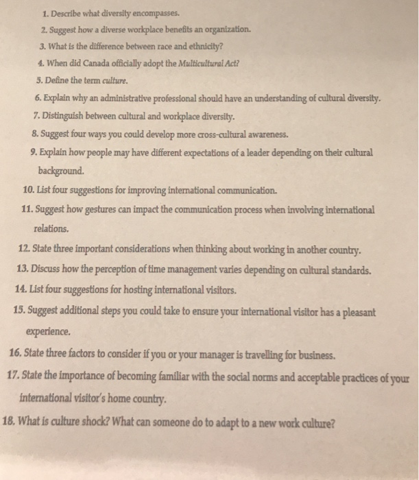 1. Describe what diversity encompasses. 2.