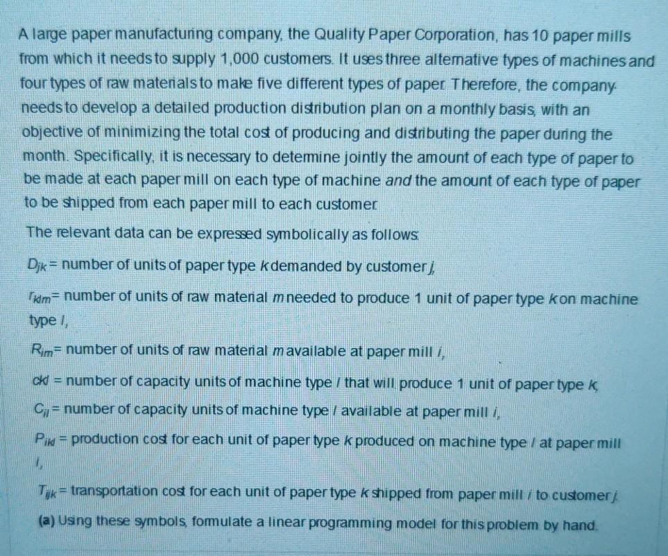 Please formulate the linear programming model